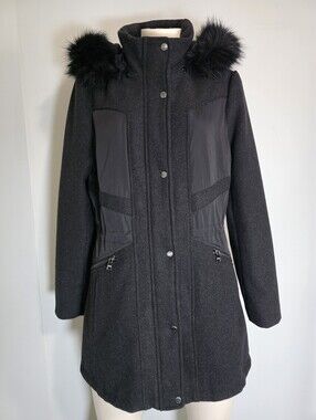 Catherine Malandrino Black Mixed-Media Wool-blend Hooded Fur-Trim Winter Coat